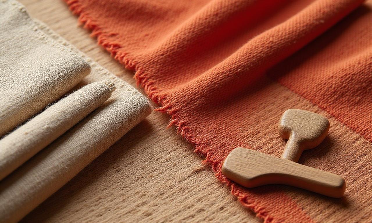 Nærbilde av håndvevde tekstiler og syutstyr