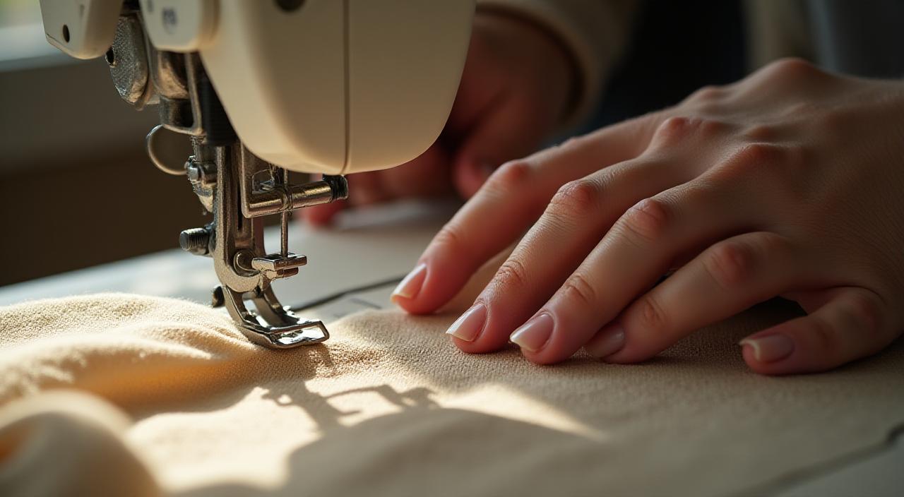 Nærbilde av håndverk i aksjon ved en symaskin i et lyst studio